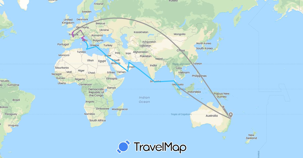 TravelMap itinerary: driving, plane, train, boat in United Arab Emirates, Australia, Germany, France, Greece, India, Italy, Jordan, Sri Lanka, Malta, Oman, Singapore, Thailand (Asia, Europe, Oceania)